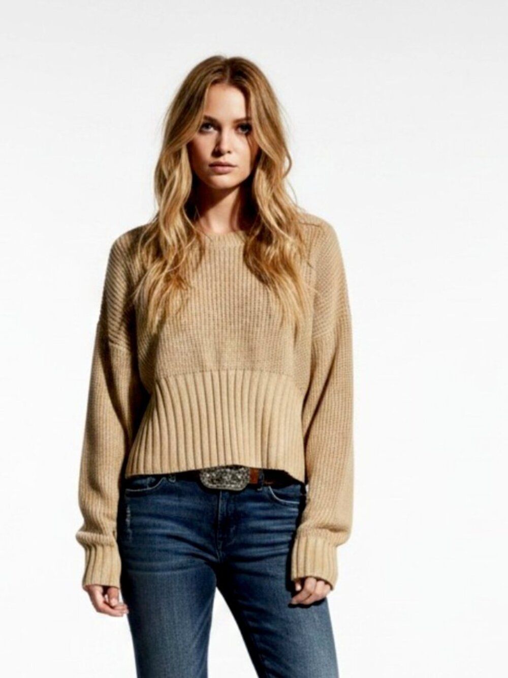Sandstone Tan Rib Knit Long Sleeve Sweater Large - NWT